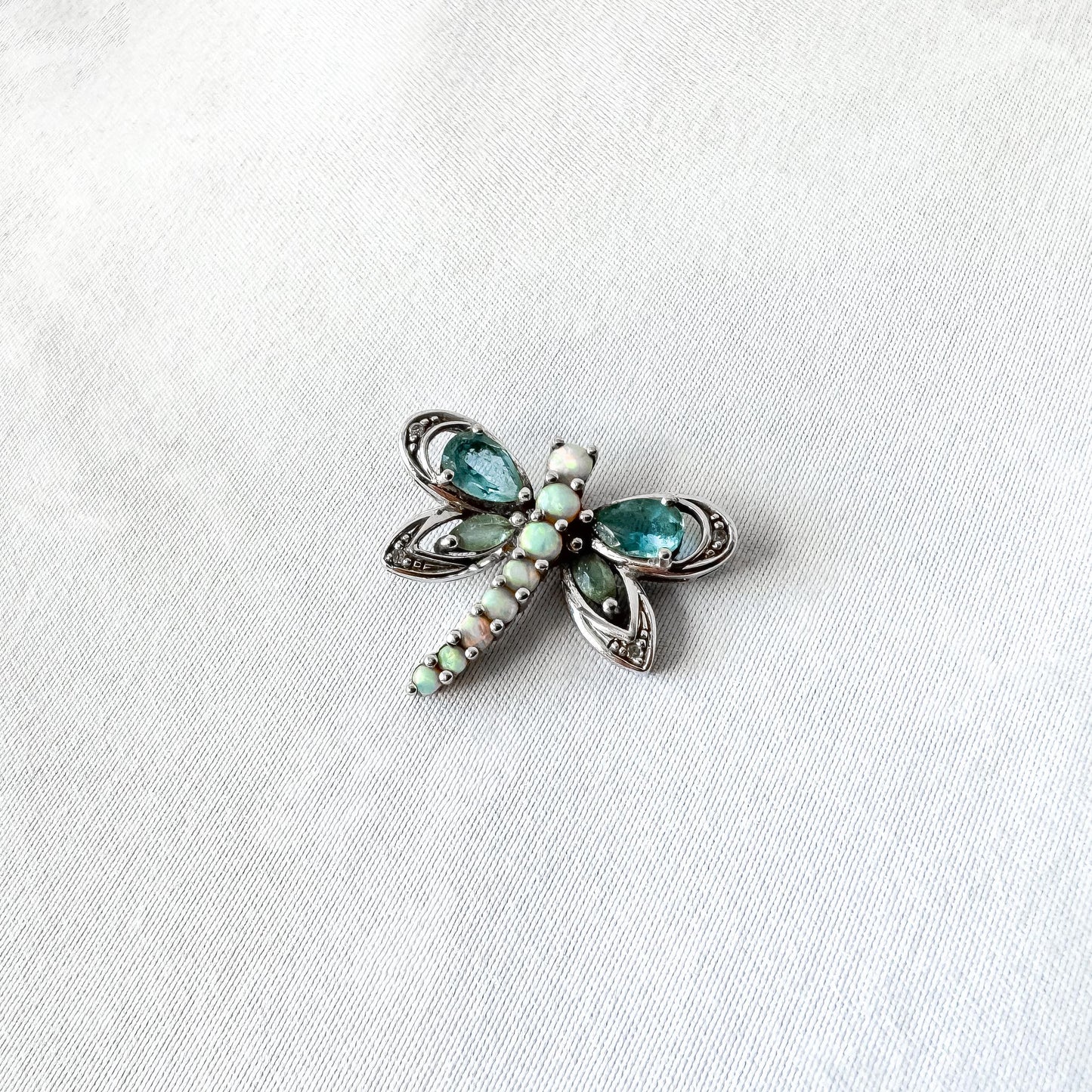 10K White Gold Opal Blue Topaz Diamond Accent Dragonfly Slide Pendant, Unique Boho Whimsy Style Pendant