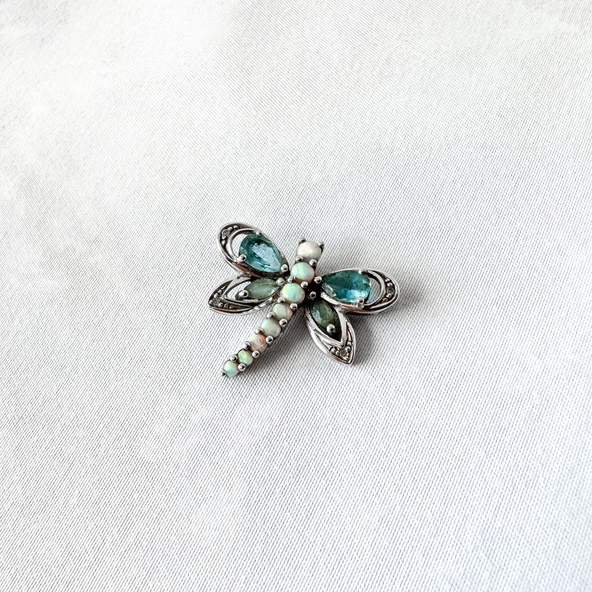 10K White Gold Opal Blue Topaz Diamond Accent Dragonfly Slide Pendant, Unique Boho Whimsy Style Pendant