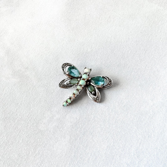 10K White Gold Opal Blue Topaz Diamond Accent Dragonfly Slide Pendant, Unique Boho Whimsy Style Pendant