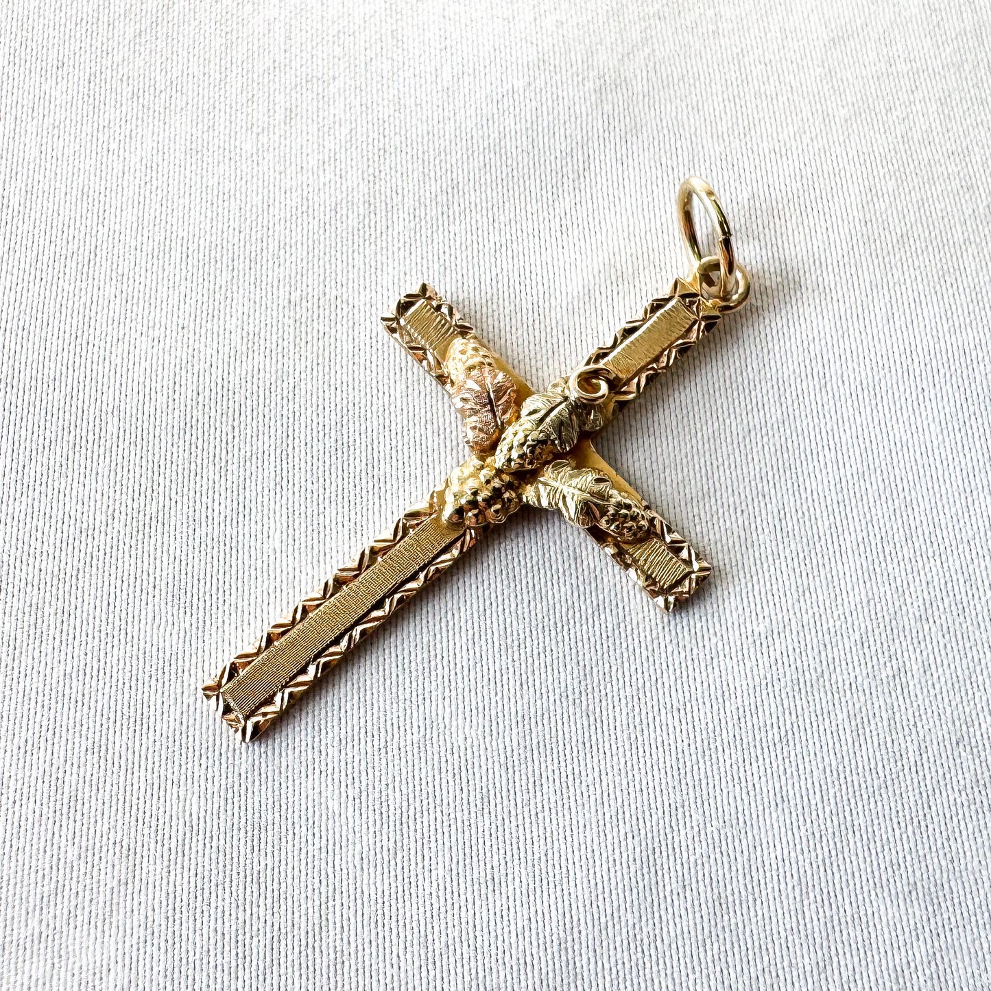 Vintage 10K Black Hills Gold Etched Cross Pendant with Leaf Details, 1.5"