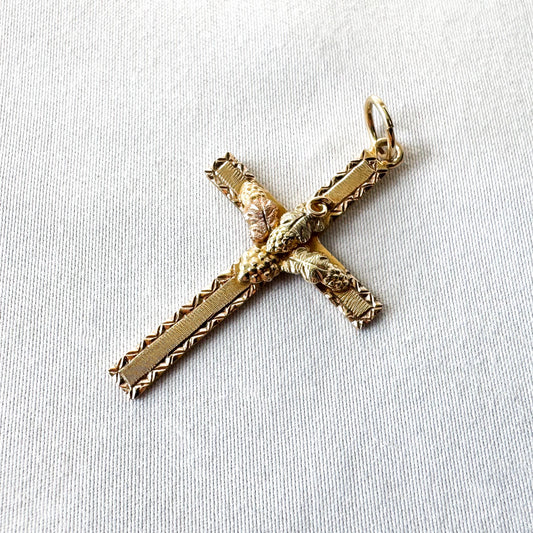 Vintage 10K Black Hills Gold Etched Cross Pendant with Leaf Details, 1.5"