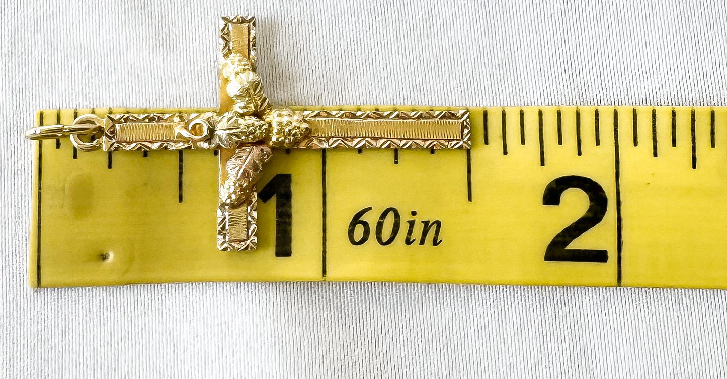 Vintage 10K Black Hills Gold Etched Cross Pendant with Leaf Details, 1.5"