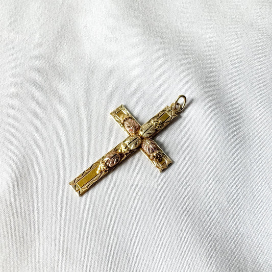 Vintage 10K Black Hills Gold Etched Cross Pendant with Leaf Details, Roughly 1.5 Inches