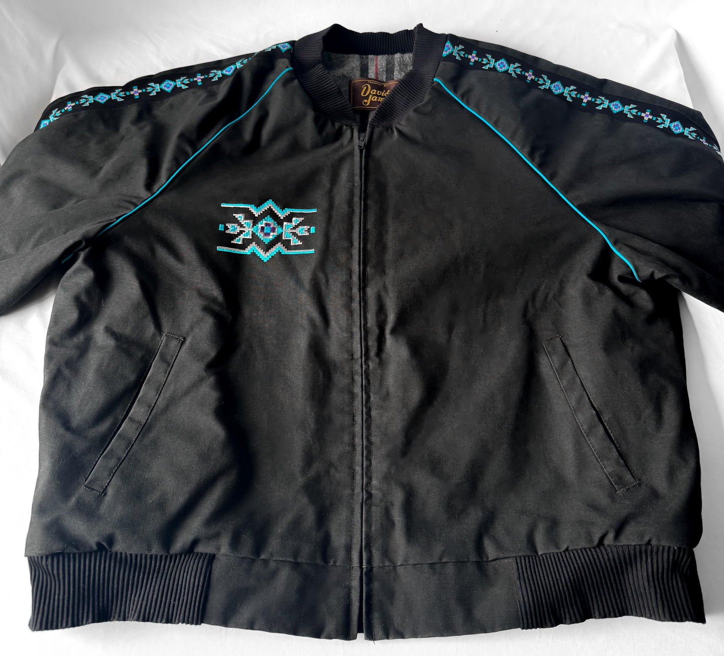 Vintage 90s David James Black Teal Aztec Southwest Print Blanket Lined Canvas Jacket, Men's Sz. XXL, Western Boho Style Coat