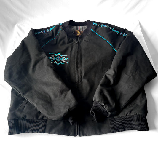 Vintage 90s David James Black Teal Aztec Southwest Print Blanket Lined Canvas Jacket, Men's Sz. XXL, Western Boho Style Coat