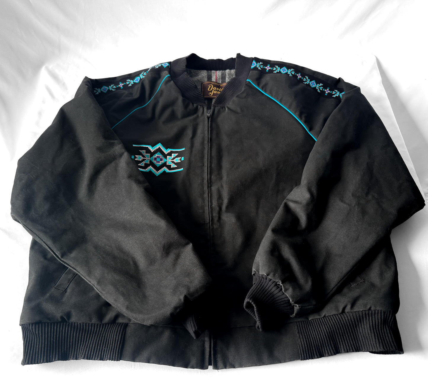 Vintage 90s David James Black Teal Aztec Southwest Print Blanket Lined Canvas Jacket, Men's Sz. XXL, Western Boho Style Coat