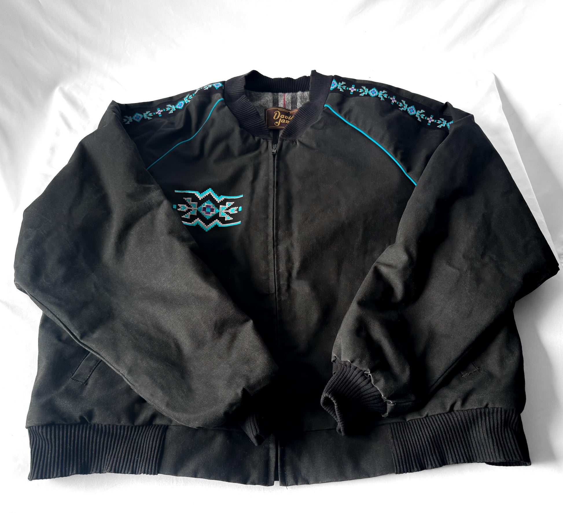 Vintage 90s David James Black Teal Aztec Southwest Print Blanket Lined Canvas Jacket, Men's Sz. XXL, Western Boho Style Coat