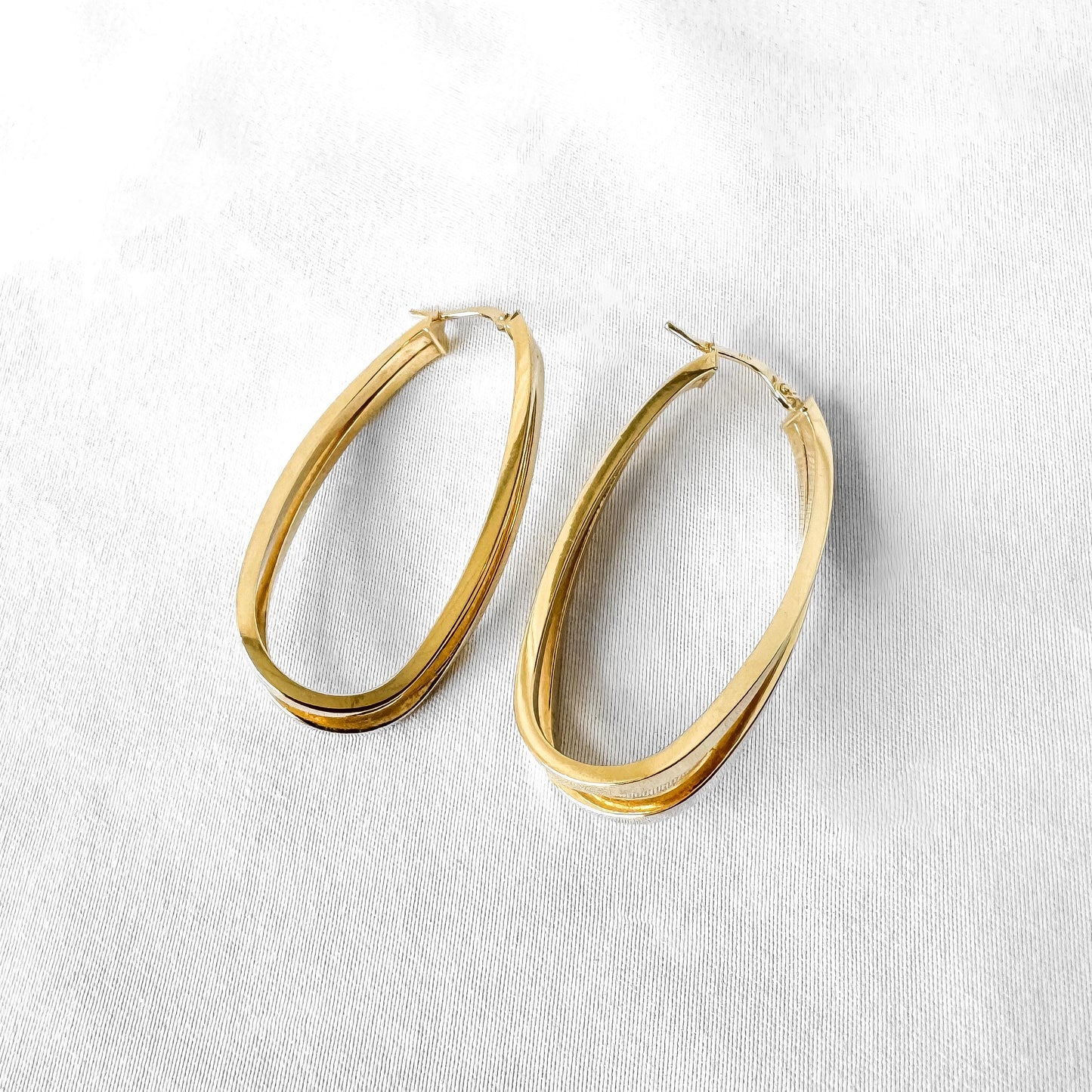 Vintage 14K Yellow Gold Double Oblong Twisted Hoop Earrings, Approximately 1.75 Inches, Unique Elegant Simple Minimalist Hoops