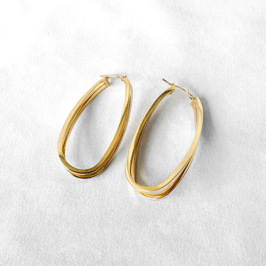Vintage 14K Yellow Gold Double Oblong Twisted Hoop Earrings, Approximately 1.75 Inches, Unique Elegant Simple Minimalist Hoops