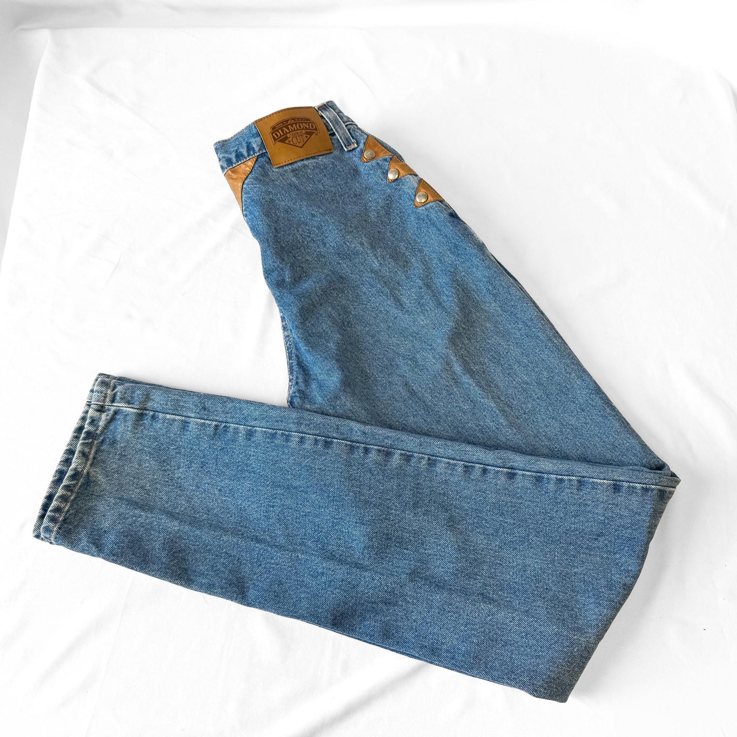 Vintage Diamond Cut Medium Wash High Rise Brown Leather Stud Accent Pocketless Jeans, Sz. 28" x 36", Unique Western Festival Jeans