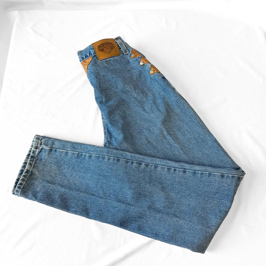 Vintage Diamond Cut Medium Wash High Rise Brown Leather Stud Accent Pocketless Jeans, Sz. 28" x 36", Unique Western Festival Jeans