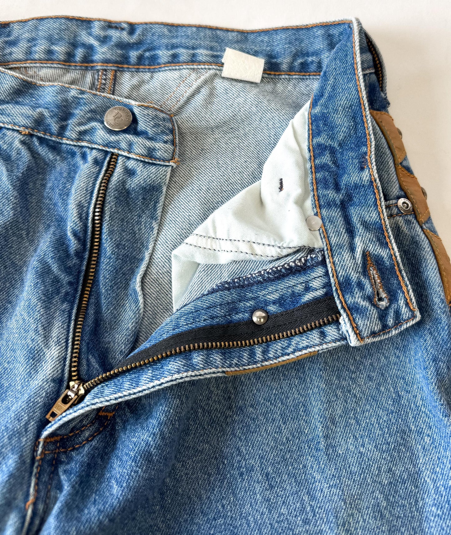 Vintage Diamond Cut Medium Wash High Rise Brown Leather Stud Accent Pocketless Jeans, Sz. 28" x 36", Unique Western Festival Jeans