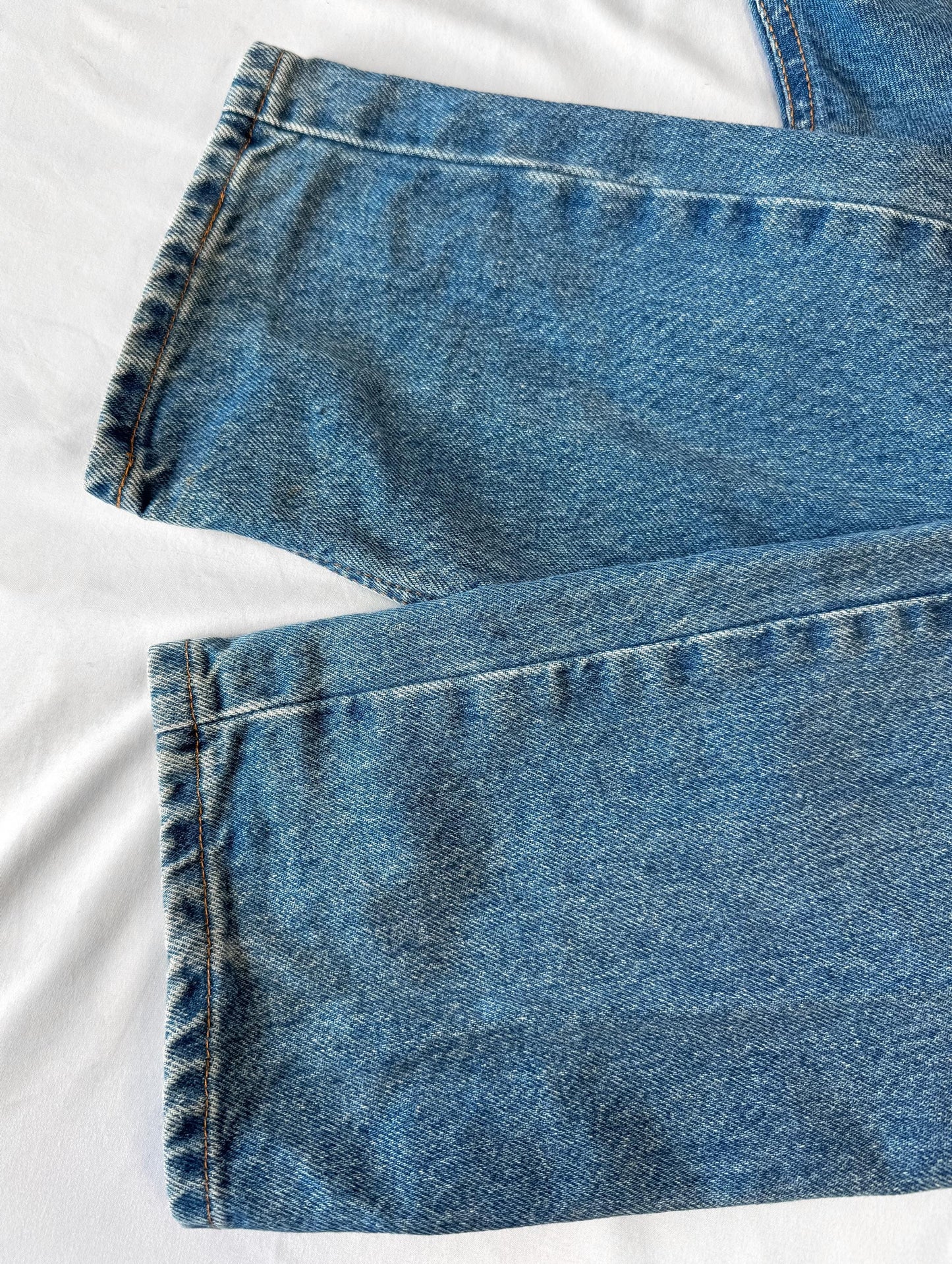Vintage Diamond Cut Medium Wash High Rise Brown Leather Stud Accent Pocketless Jeans, Sz. 28" x 36", Unique Western Festival Jeans