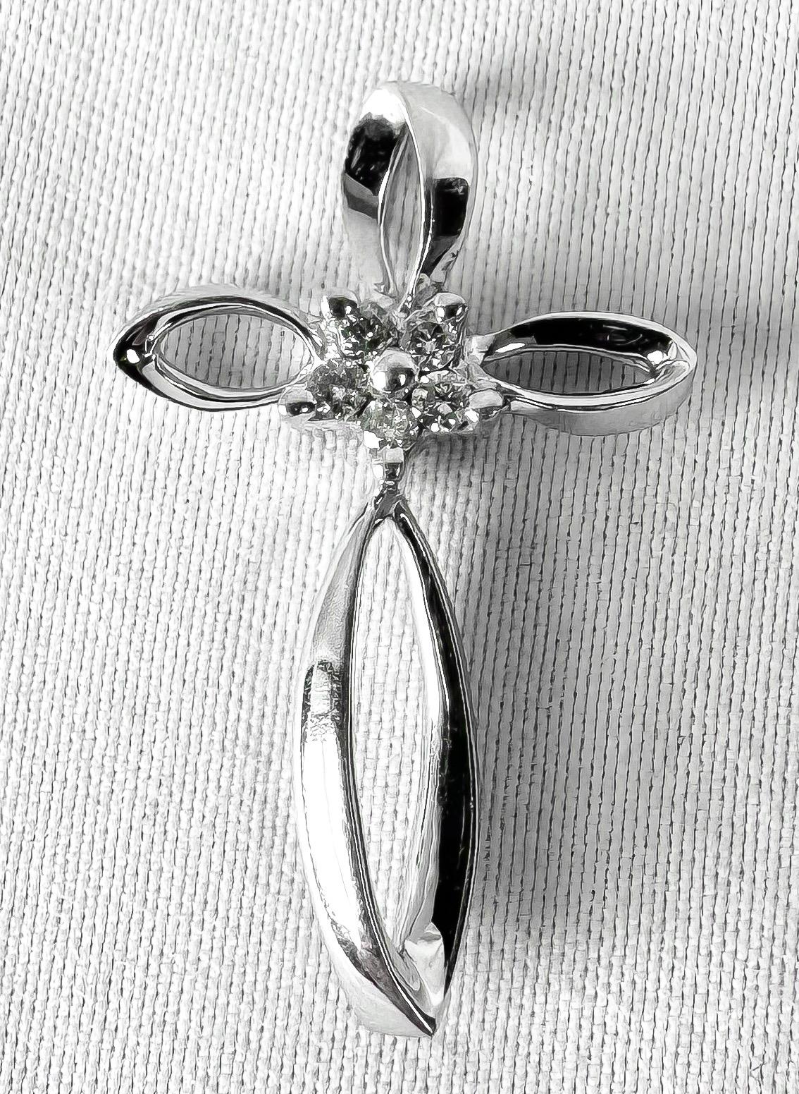 10K White Gold Diamond Cluster Flower Cross Pendant, Roughly 1 Inch, Simple Dainty Everyday Elegant Christian Necklace