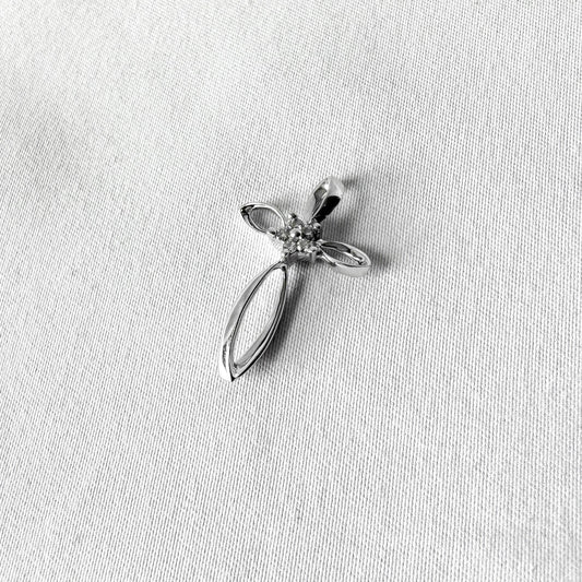 10K White Gold Diamond Cluster Flower Cross Pendant, Roughly 1 Inch, Simple Dainty Everyday Elegant Christian Necklace