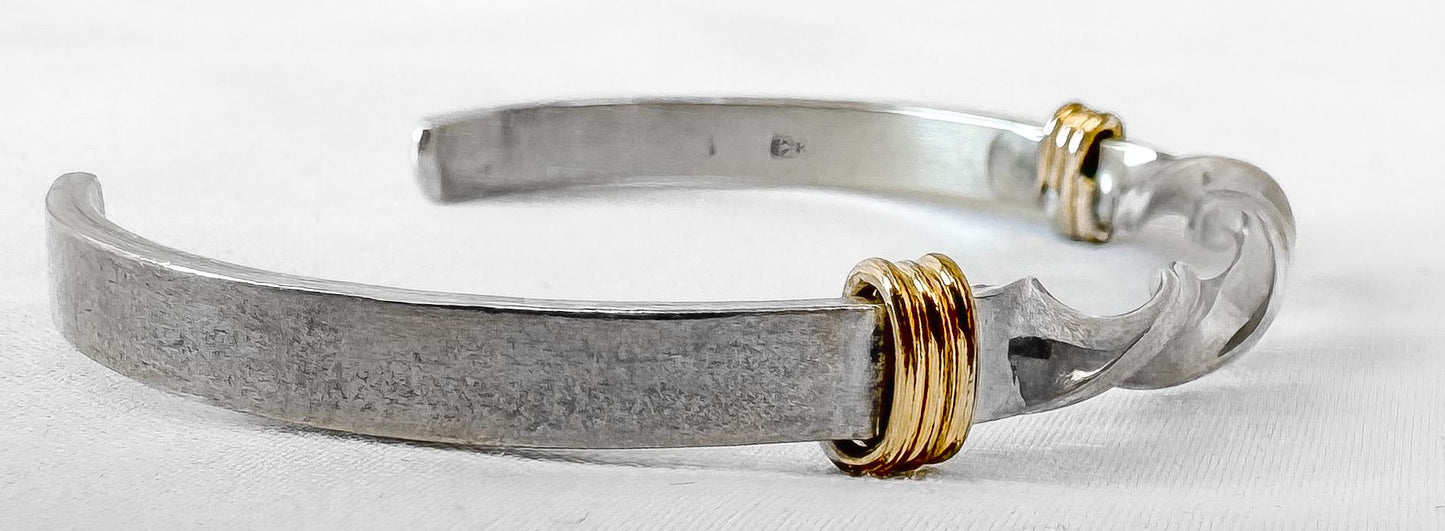 Vintage 925 Sterling Silver 12K Gold Accent Twisted Adjustable Cuff Bracelet, Approx. 4-7.5"