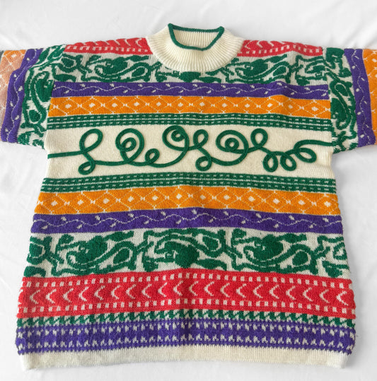 Vintage Cream/Off-White Multicolor Abstract Striped Swirl Design Cotton Mockneck Sweater, Approx. Women's Sz. M