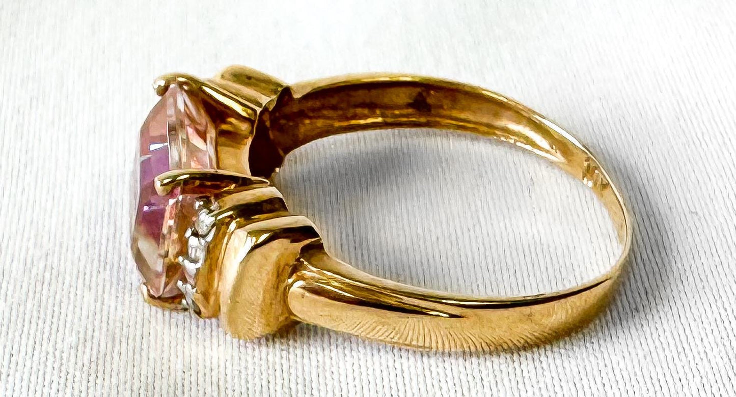 10K Pink Mystic Topaz Diamond Accent Rectangle Statement Ring, Sz. 7, Unique Statement Ring