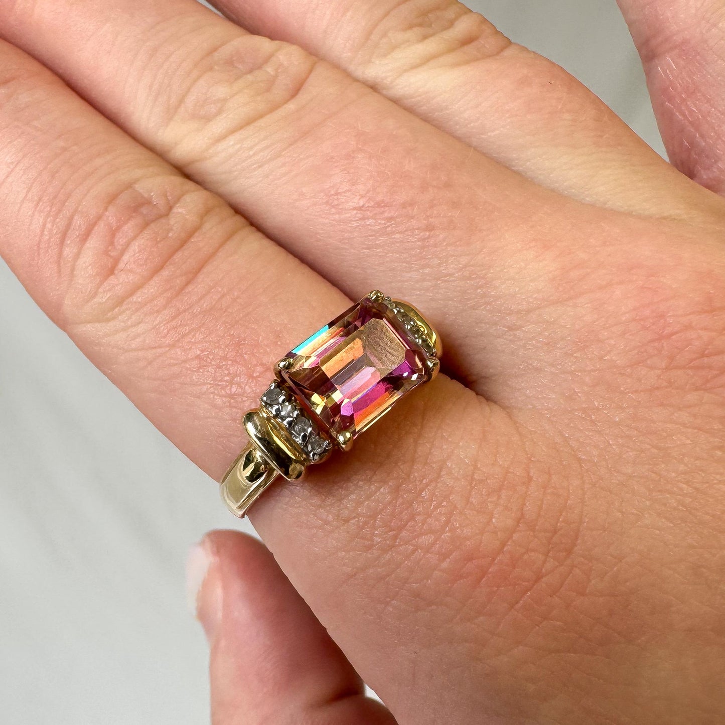 10K Pink Mystic Topaz Diamond Accent Rectangle Statement Ring, Sz. 7, Unique Statement Ring