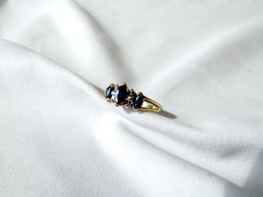 Vintage 10K Yellow Gold Dark Blue Sapphire Marquise Diamond Accent Ring, Sz. 6.5
