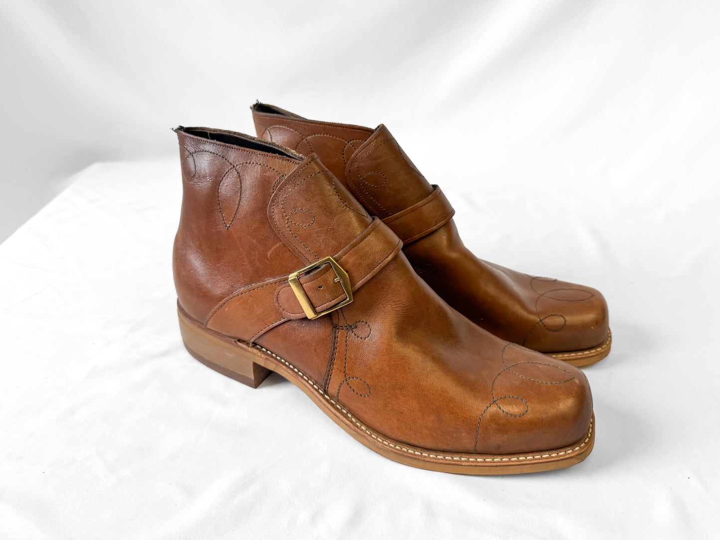 Vintage 70s Style Jarman Brown Swirl Stitched Buckle Leather Boots, Approx. Men's Sz. 9/9.5, Mens Retro Unique Boots