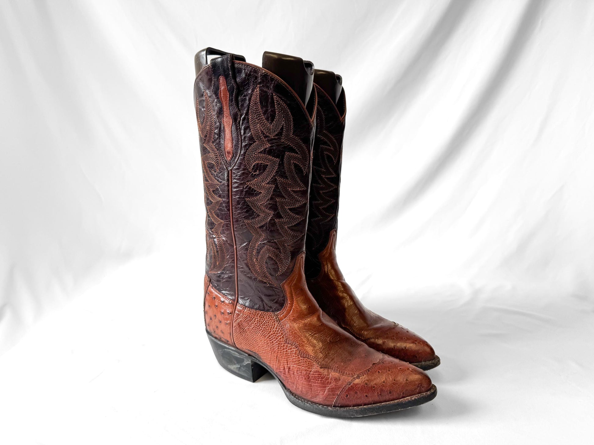 Vintage Tony Lama Brown Cognac Quill Ostrich Leather Pointed Toe Cowboy Boots, Men's Sz. 9D, Vintage Festival Western Boots