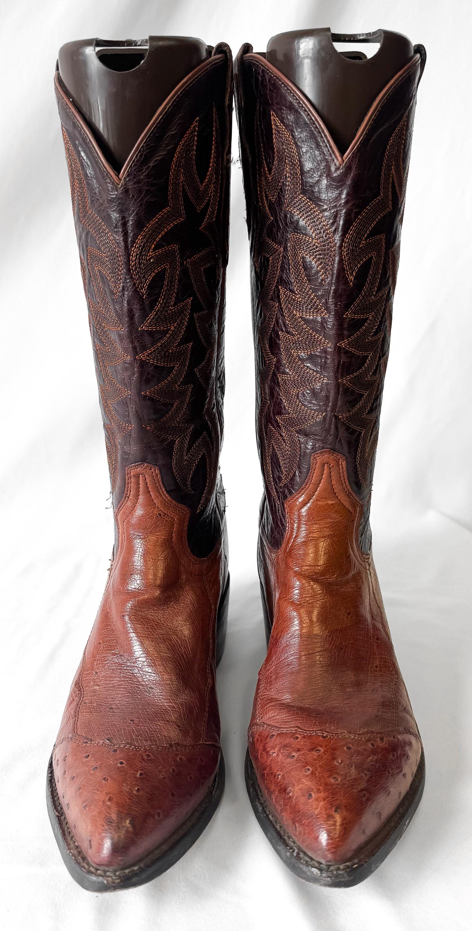 Vintage Tony Lama Brown Cognac Quill Ostrich Leather Pointed Toe Cowboy Boots, Men's Sz. 9D, Vintage Festival Western Boots
