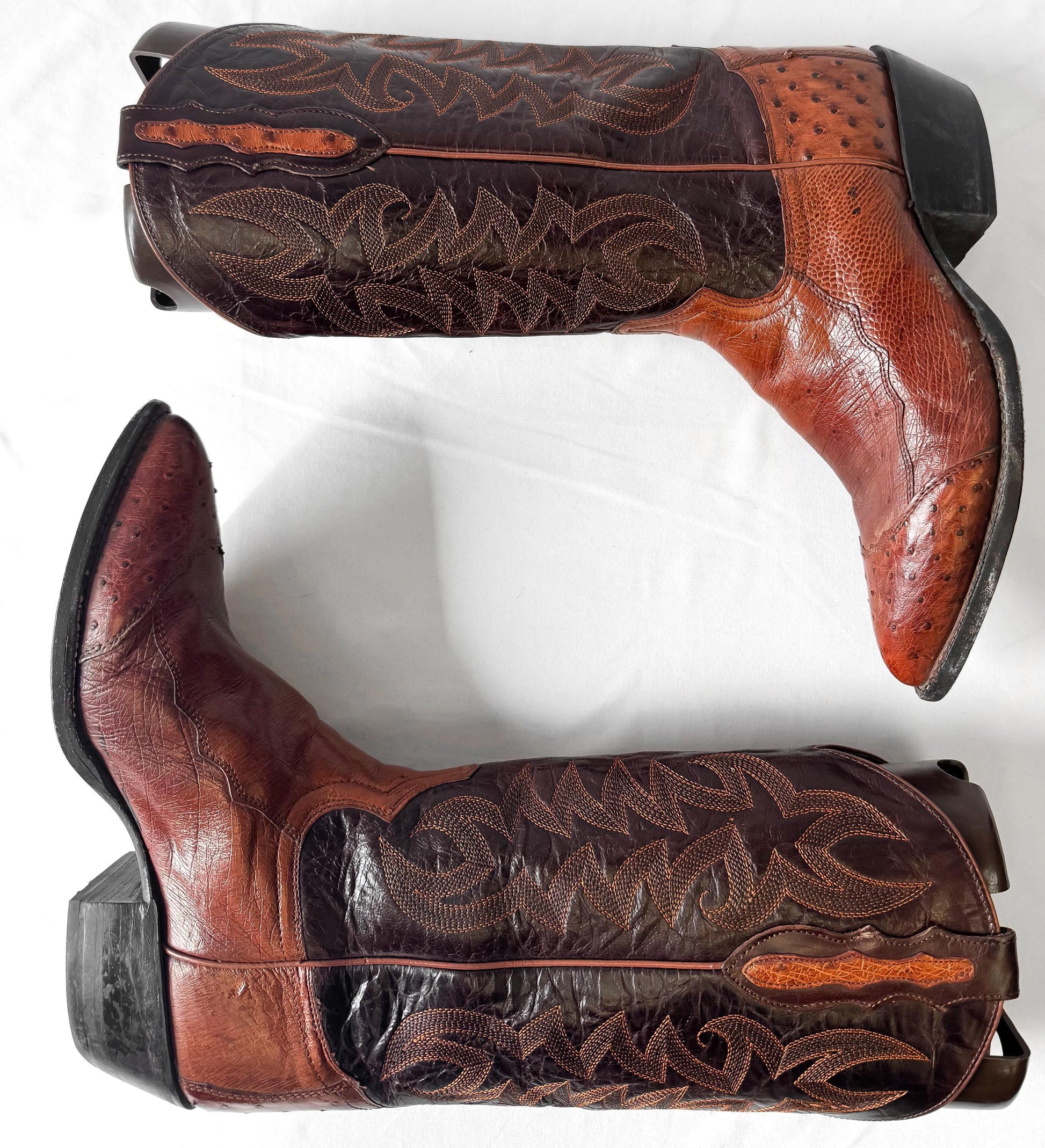 Vintage Tony Lama Brown Cognac Quill Ostrich Leather Pointed Toe Cowboy Boots, Men's Sz. 9D, Vintage Festival Western Boots