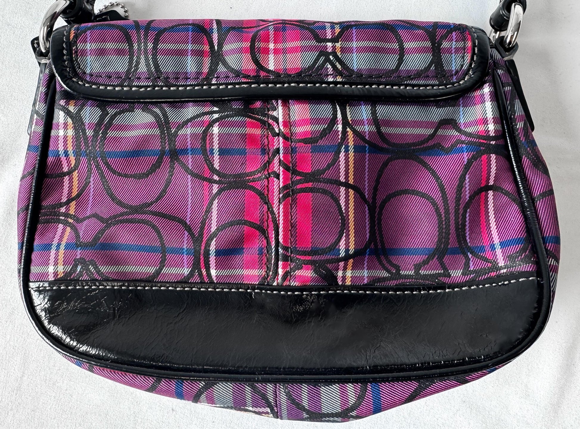 Y2K 00s Coach Tartan Poppy Penny Pink Glitter Monogram Small Turn Lock Shoulder Bag, Style 15477