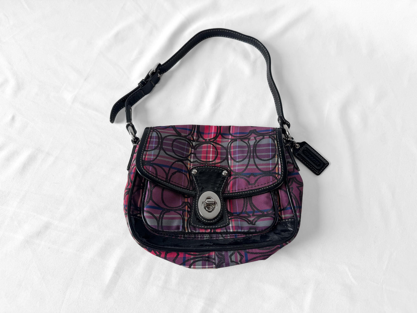 Y2K 00s Coach Tartan Poppy Penny Pink Glitter Monogram Small Turn Lock Shoulder Bag, Style 15477
