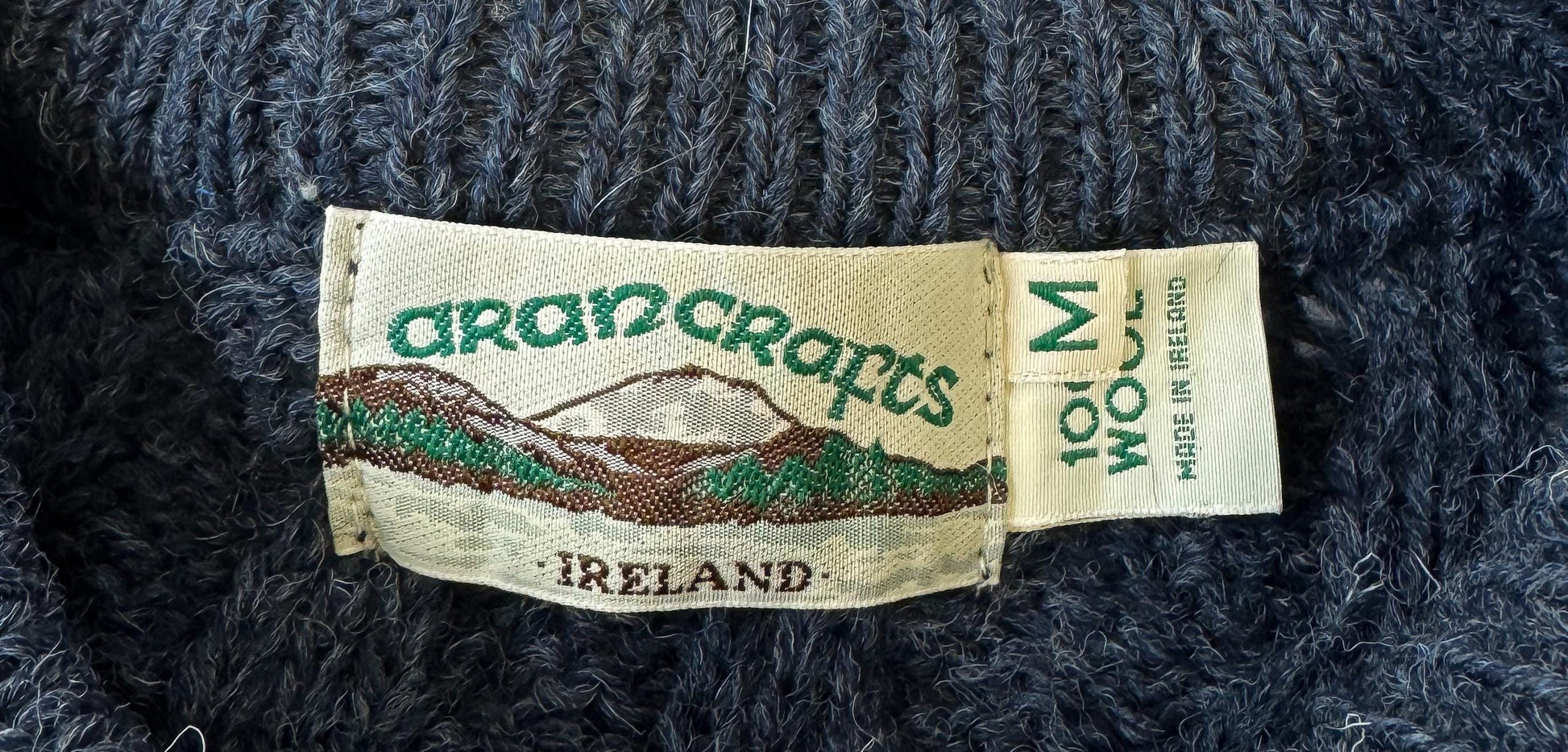 Vintage Aran Crafts Dark Blue Pure Merino Wool Cable Knit Sweater, Men's Sz. M, Wool Unisex Sweater