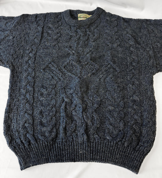 Vintage Aran Crafts Dark Blue Pure Merino Wool Cable Knit Sweater, Men's Sz. M, Wool Unisex Sweater