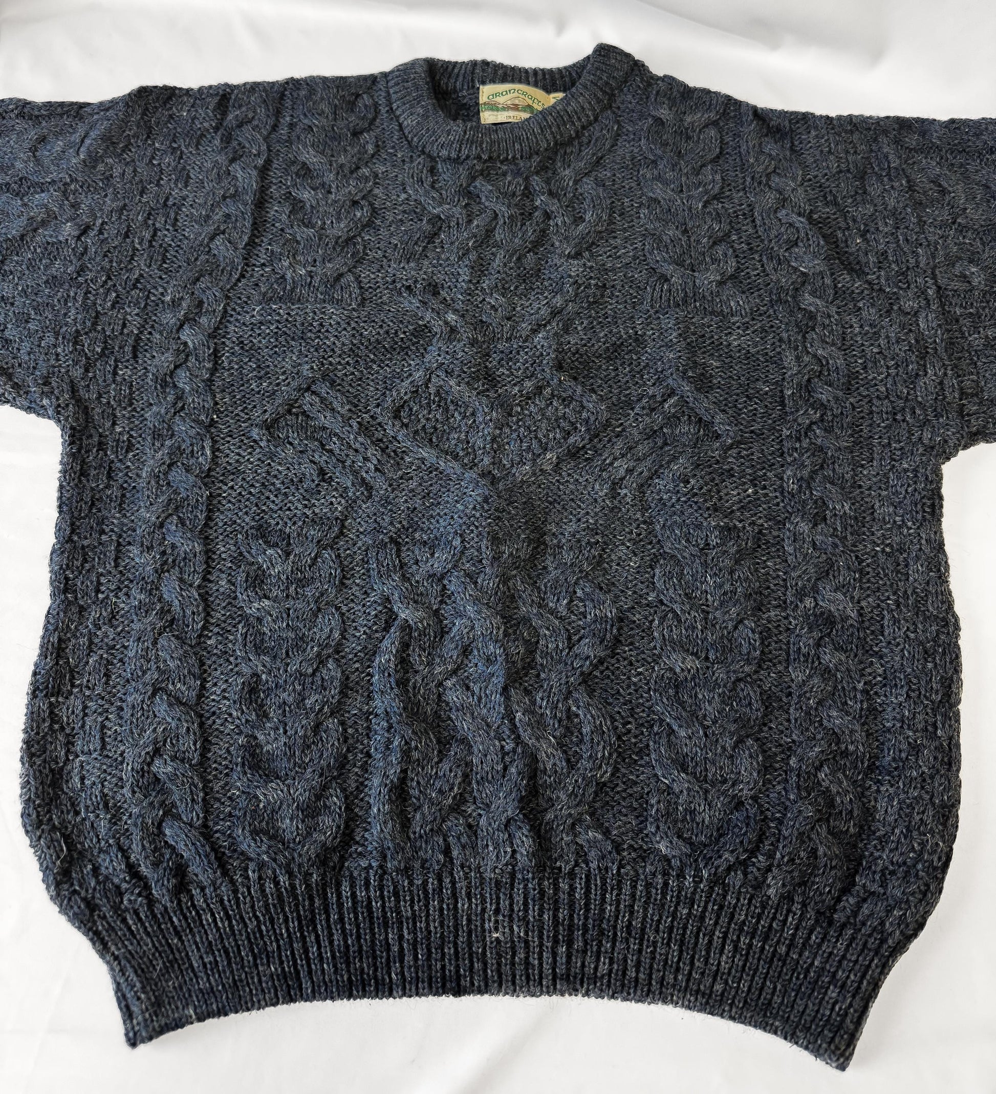 Vintage Aran Crafts Dark Blue Pure Merino Wool Cable Knit Sweater, Men's Sz. M, Wool Unisex Sweater