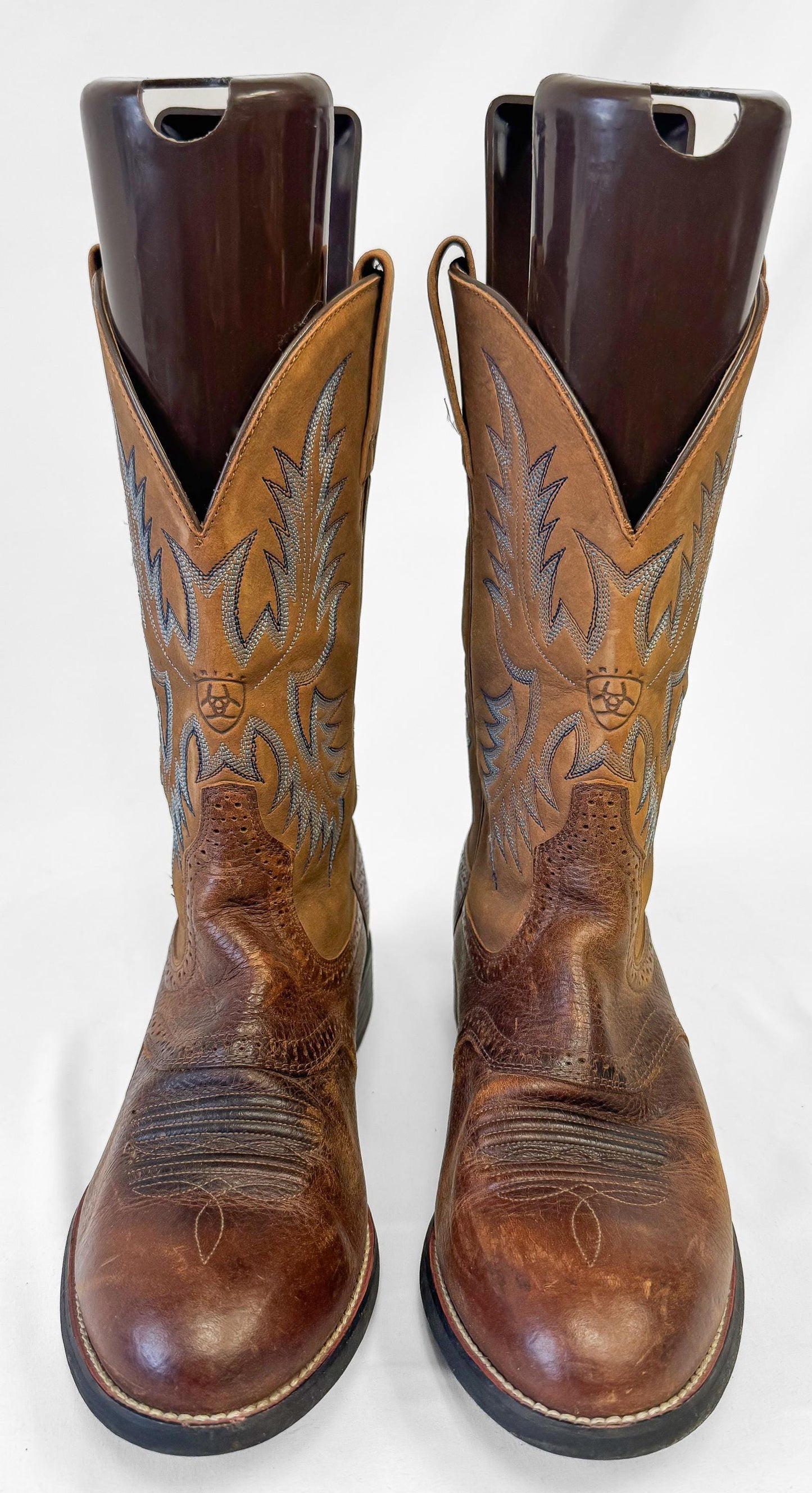 Vintage Style Ariat Two Tone Brown Blue Embroidered Leather Cowboy Boots, Men's Sz. 9EE, Unique Vintage Western Festival Boots