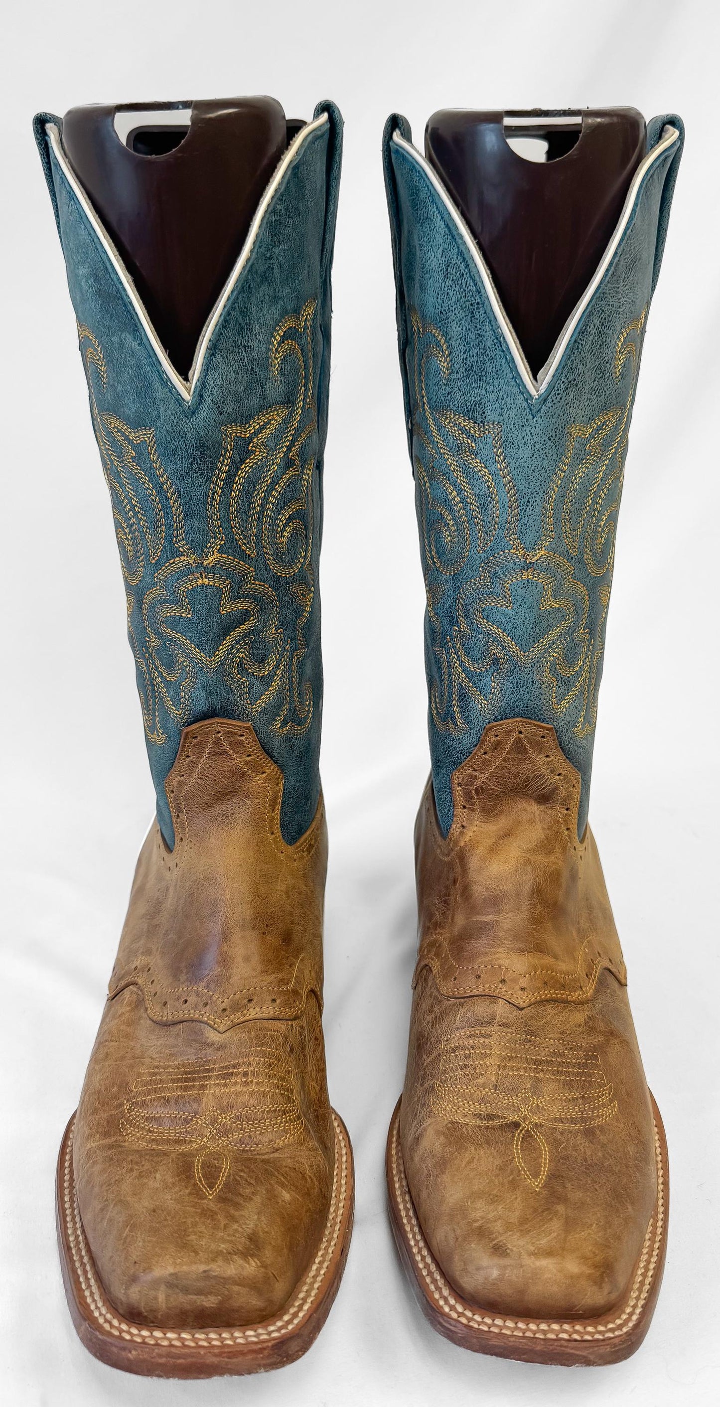 J.B. Dillon Windmark Blue Tan Leather Cowboy Boots, Men's Sz. 10D, Unique Western Boots