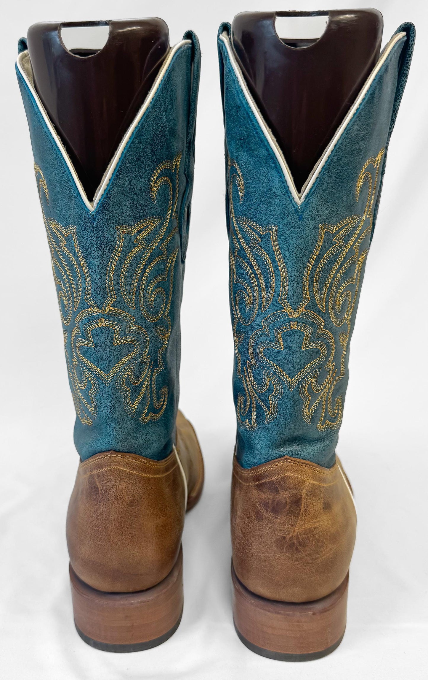 J.B. Dillon Windmark Blue Tan Leather Cowboy Boots, Men's Sz. 10D, Unique Western Boots