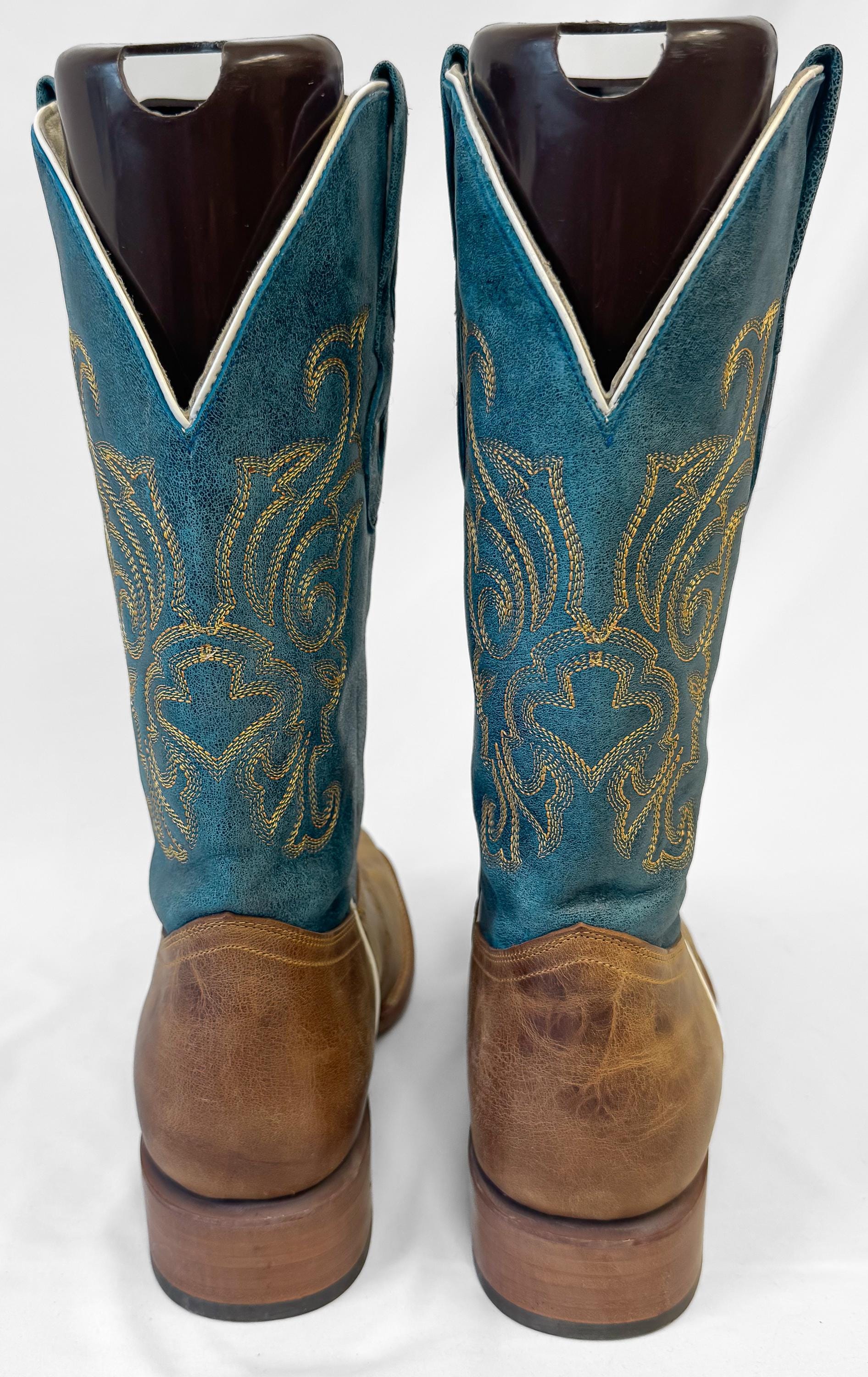 J.B. Dillon Windmark Blue Tan Leather Cowboy Boots, Men's Sz. 10D, Unique Western Boots