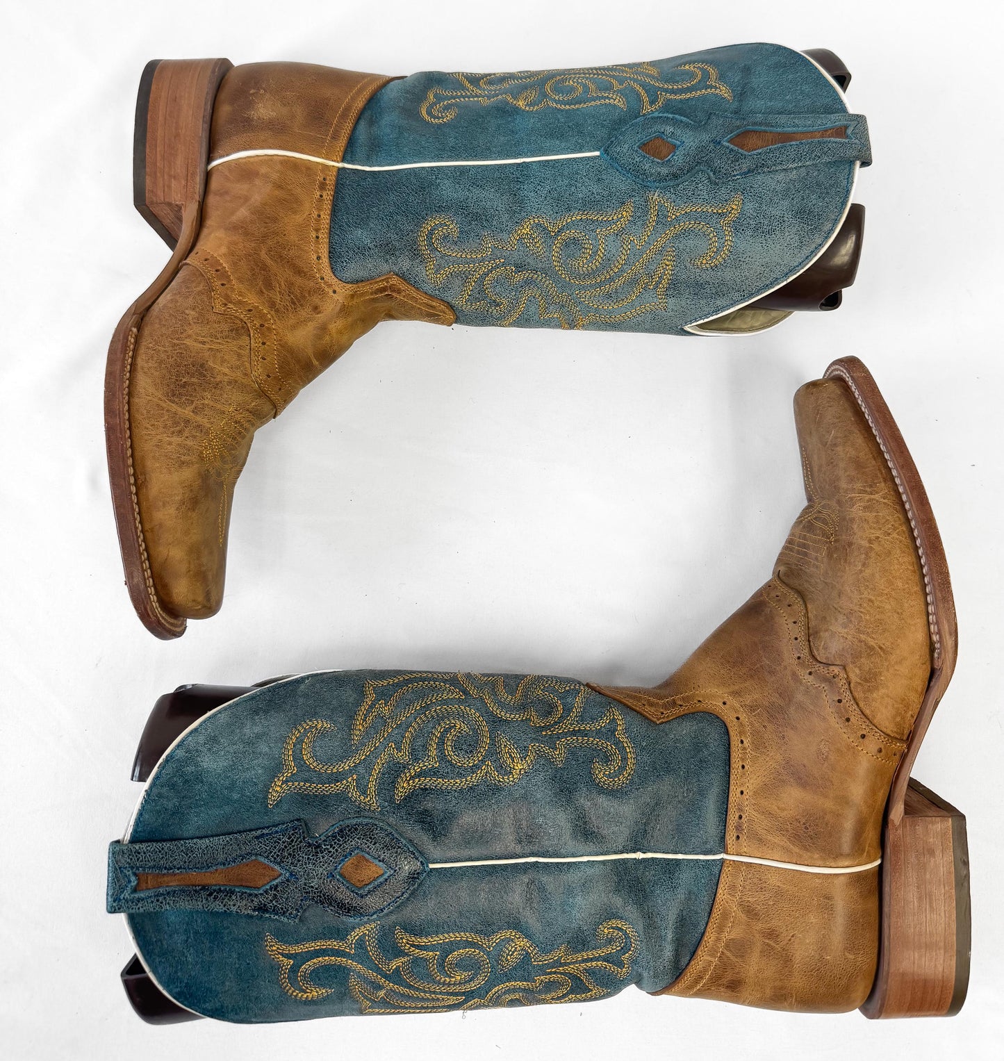 J.B. Dillon Windmark Blue Tan Leather Cowboy Boots, Men's Sz. 10D, Unique Western Boots