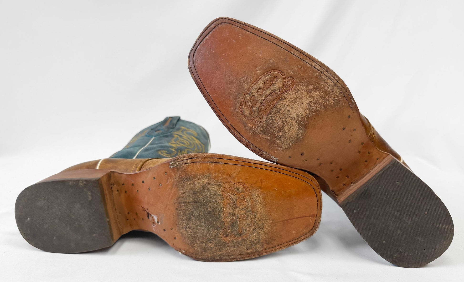 J.B. Dillon Windmark Blue Tan Leather Cowboy Boots, Men's Sz. 10D, Unique Western Boots