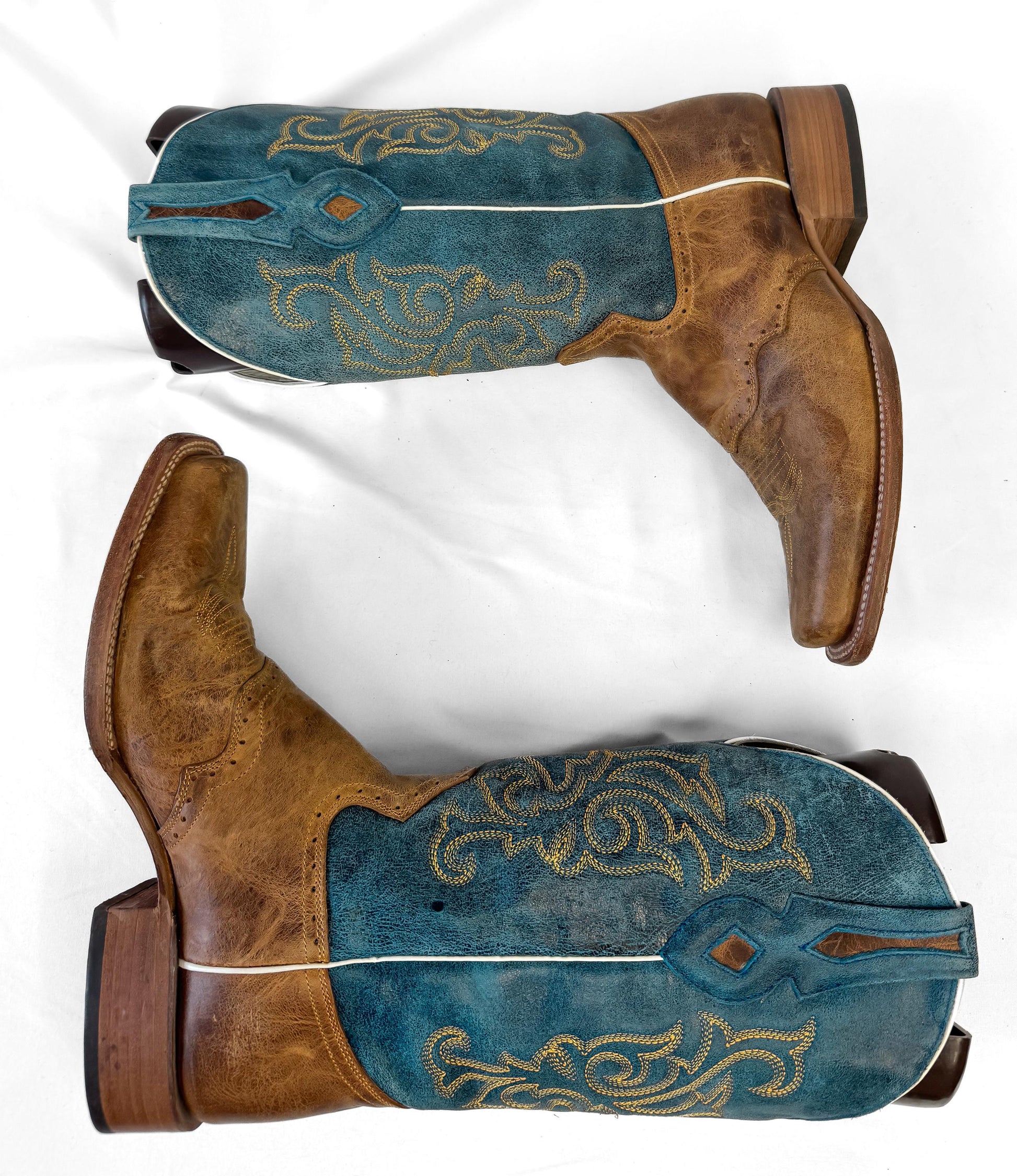 J.B. Dillon Windmark Blue Tan Leather Cowboy Boots, Men's Sz. 10D, Unique Western Boots