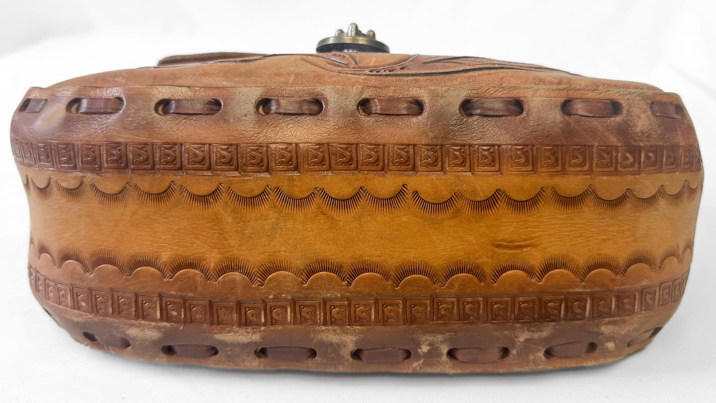 Vintage 70s Handcrafted Tooled Leather Abstract Engraved Braided Strap Shoulder Bag, Western Boho Style Handbag