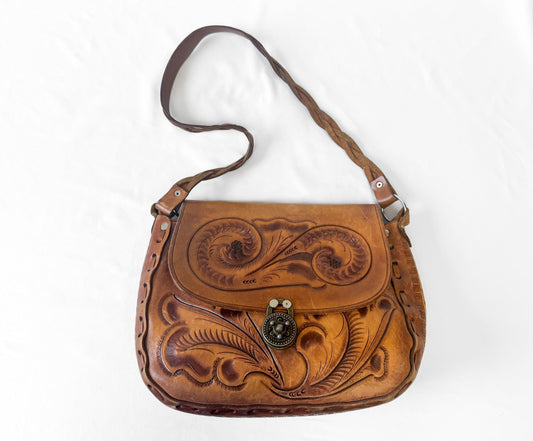 Vintage 70s Handcrafted Tooled Leather Abstract Engraved Braided Strap Shoulder Bag, Western Boho Style Handbag