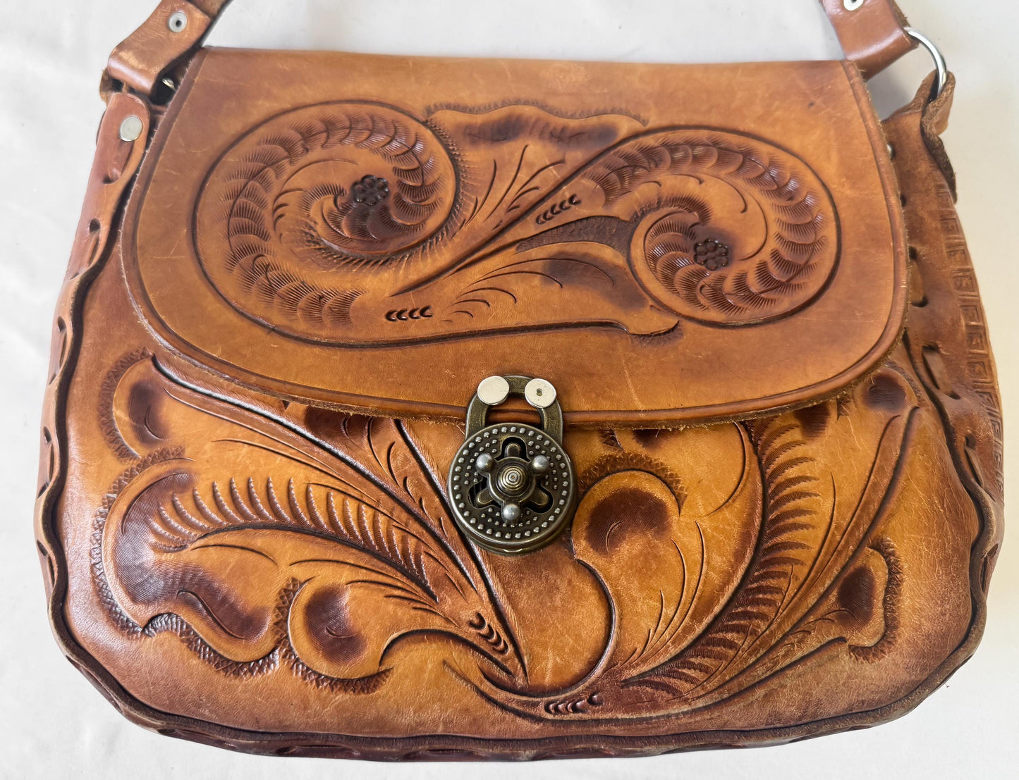 Vintage 70s Handcrafted Tooled Leather Abstract Engraved Braided Strap Shoulder Bag, Western Boho Style Handbag