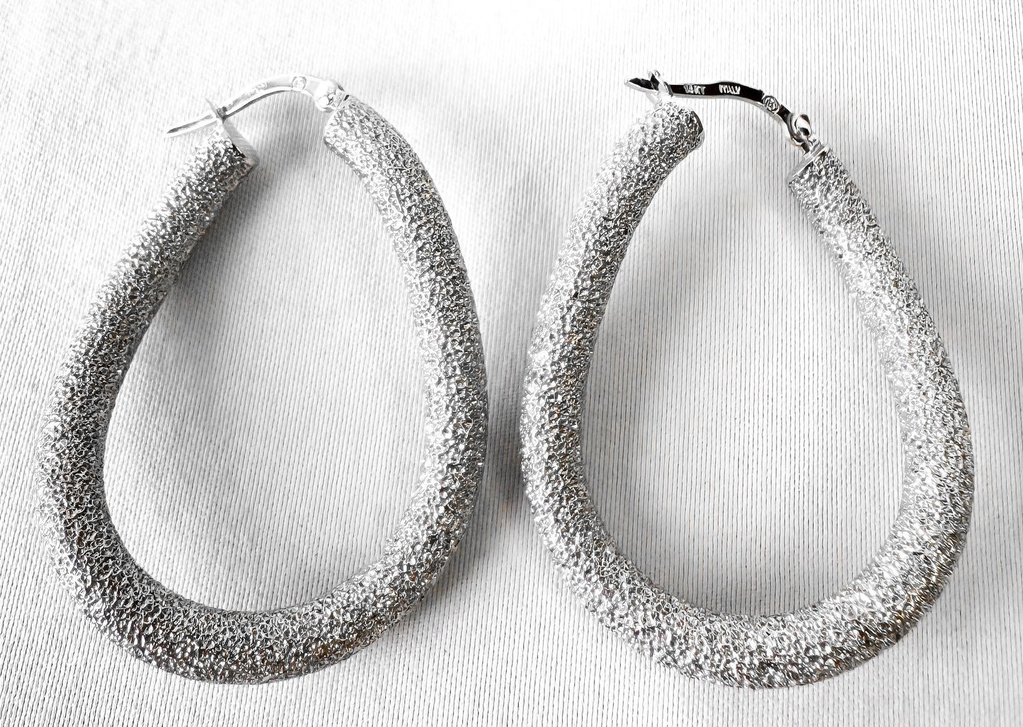 14K Italy White Gold Twisted Stardust Textured Oblong Tube 1.5 Inch Hoop Earrings, Unique Statement Minimalist Hoops