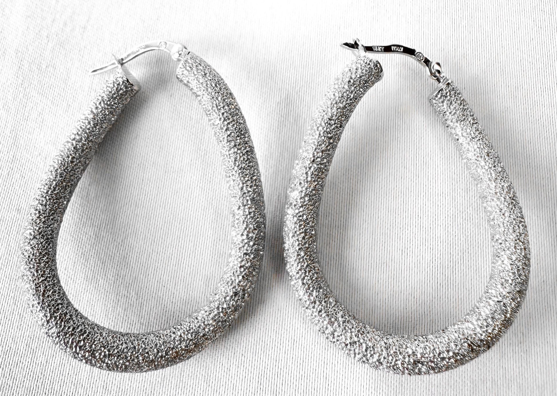 14K Italy White Gold Twisted Stardust Textured Oblong Tube 1.5 Inch Hoop Earrings, Unique Statement Minimalist Hoops
