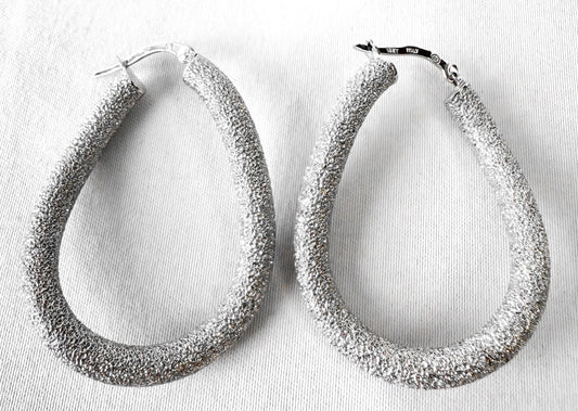 14K Italy White Gold Twisted Stardust Textured Oblong Tube 1.5 Inch Hoop Earrings, Unique Statement Minimalist Hoops