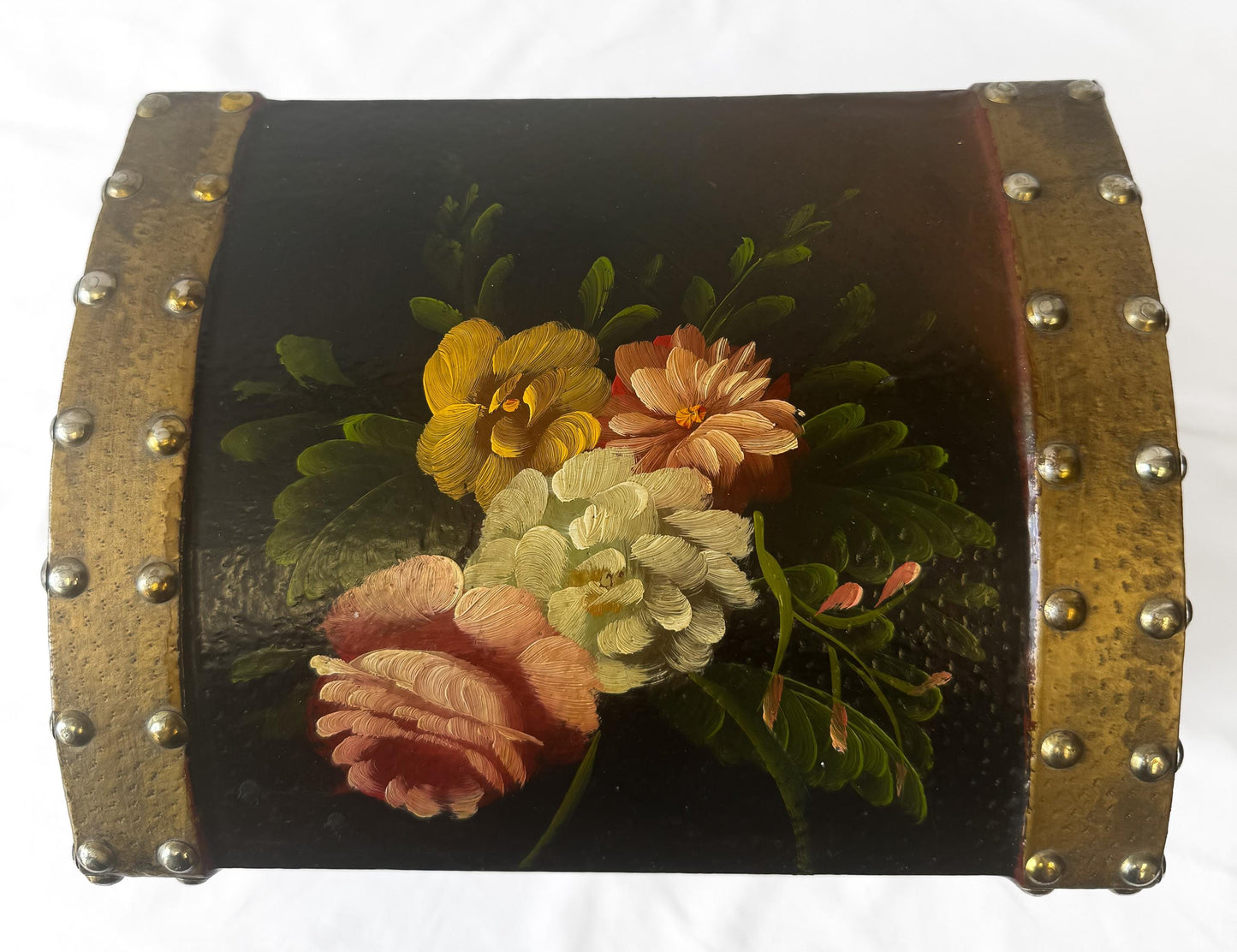 Vintage Black Gold Painted Wood Floral Stud Accent Jewelry Trunk Trinket Box