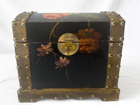 Vintage Black Gold Painted Wood Floral Stud Accent Jewelry Trunk Trinket Box