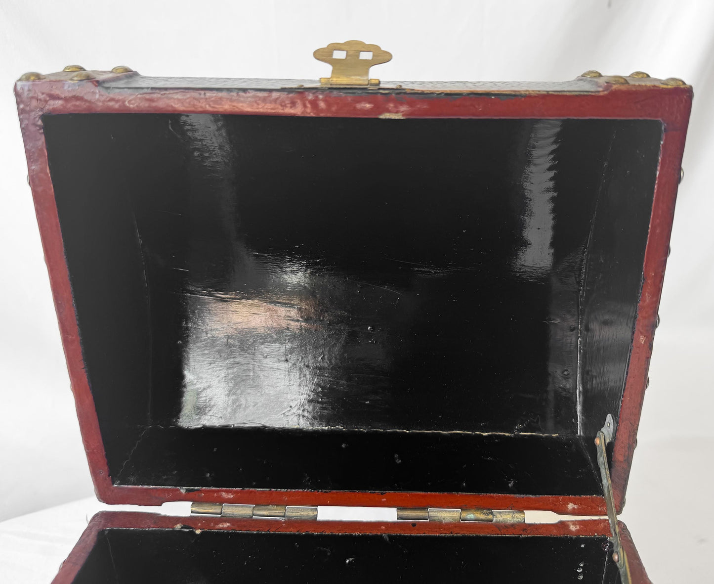 Vintage Black Gold Painted Wood Floral Stud Accent Jewelry Trunk Trinket Box
