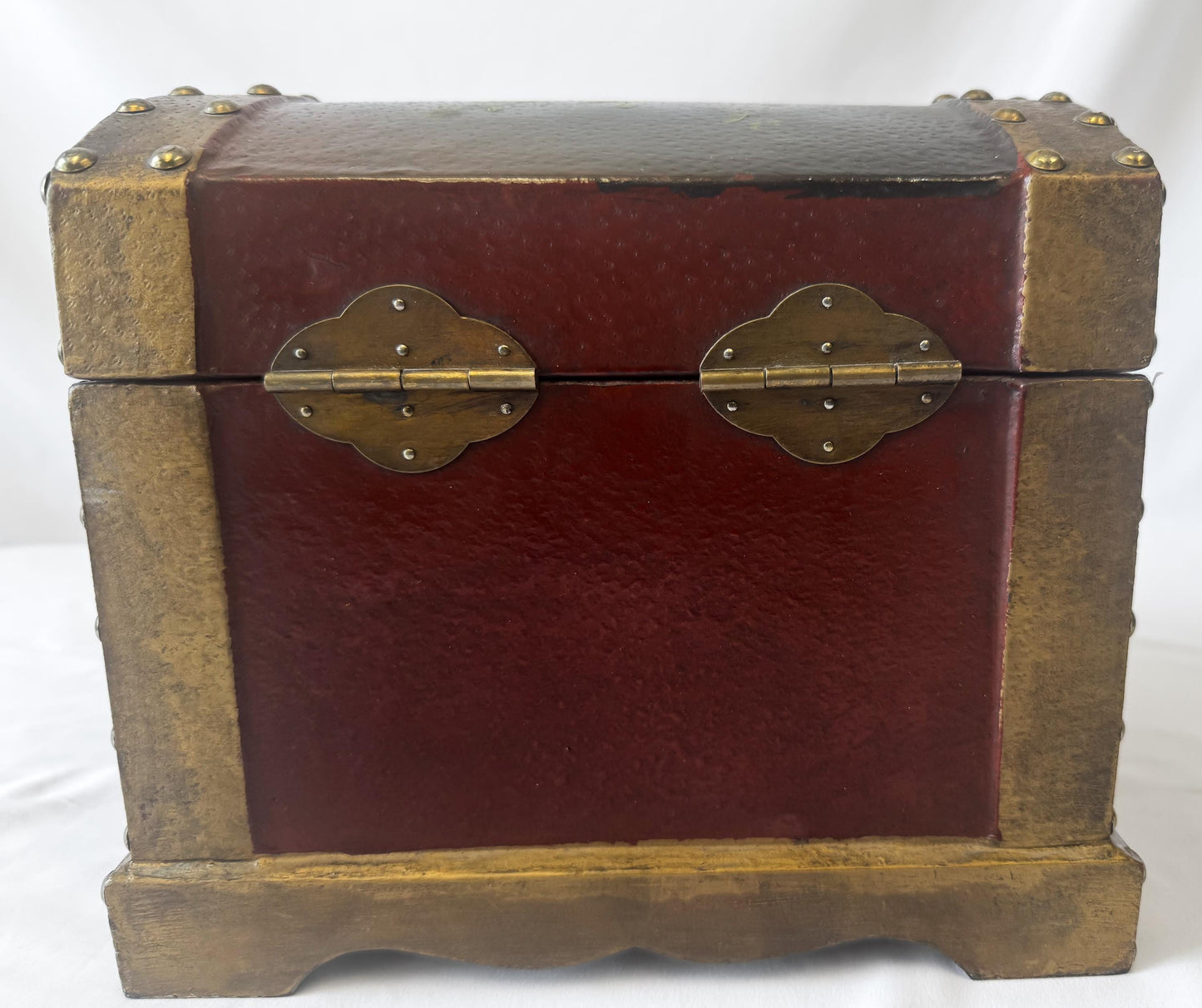 Vintage Black Gold Painted Wood Floral Stud Accent Jewelry Trunk Trinket Box